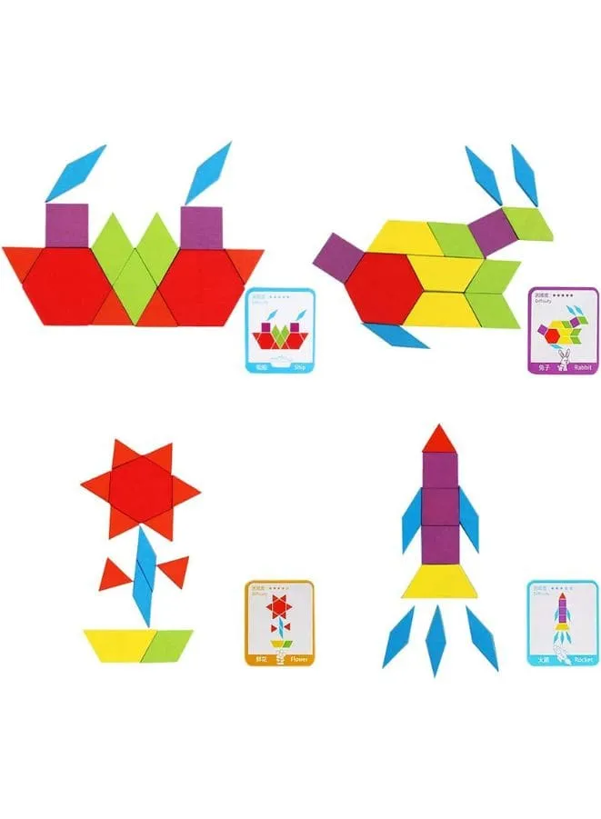 155 Pcs Wooden Pattern Blocks Set Geometric Shape Puzzles Preschool Learning Toy STEM Gift for Kids - Kindergarten Educational Montessori Tangram Toys for Boys & Girls with 24 Pcs Design Cards