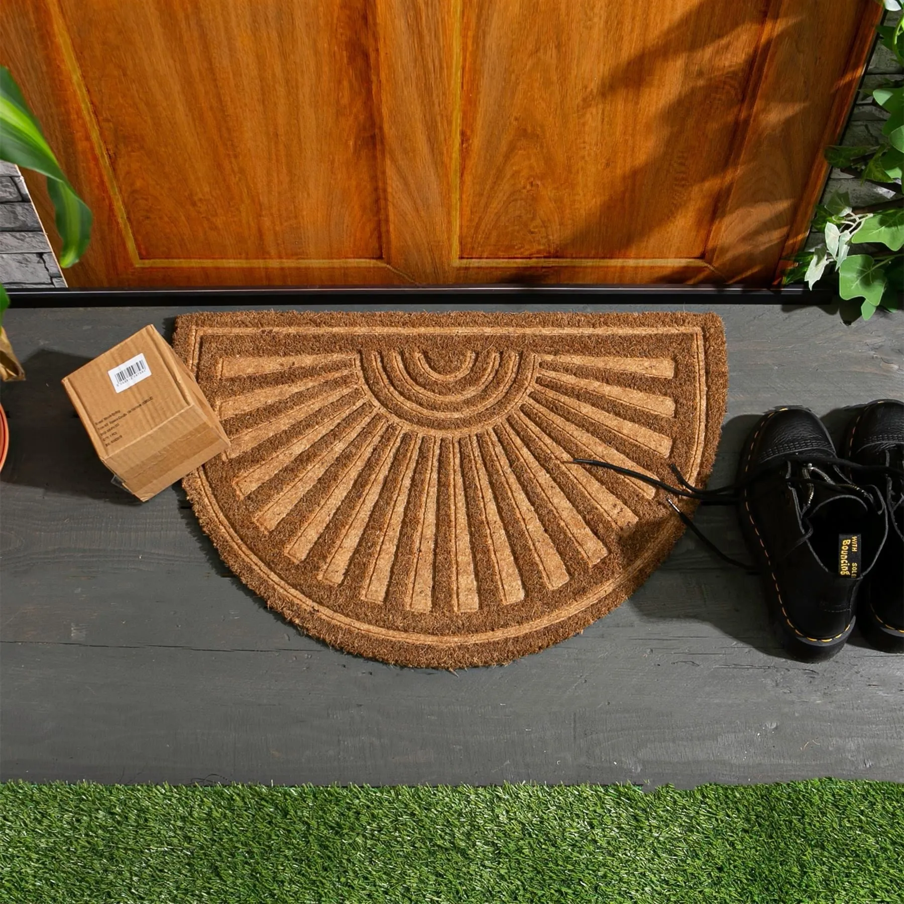 60cm x 40cm Brown Embossed Coir Half Moon Door Mat - By Nicola Spring