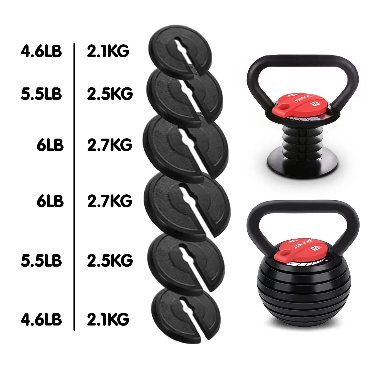 Adjustable 18kg Kettlebells, Quick Lock, Sturdy, Set of 2