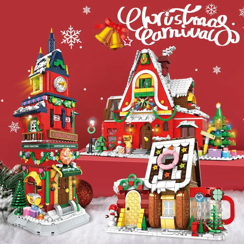 Christmas Tree Santa Claus Reindeer Xmas Stocking House Tower Building Blocks City Winter House Christmas Car Model Toys Gifts