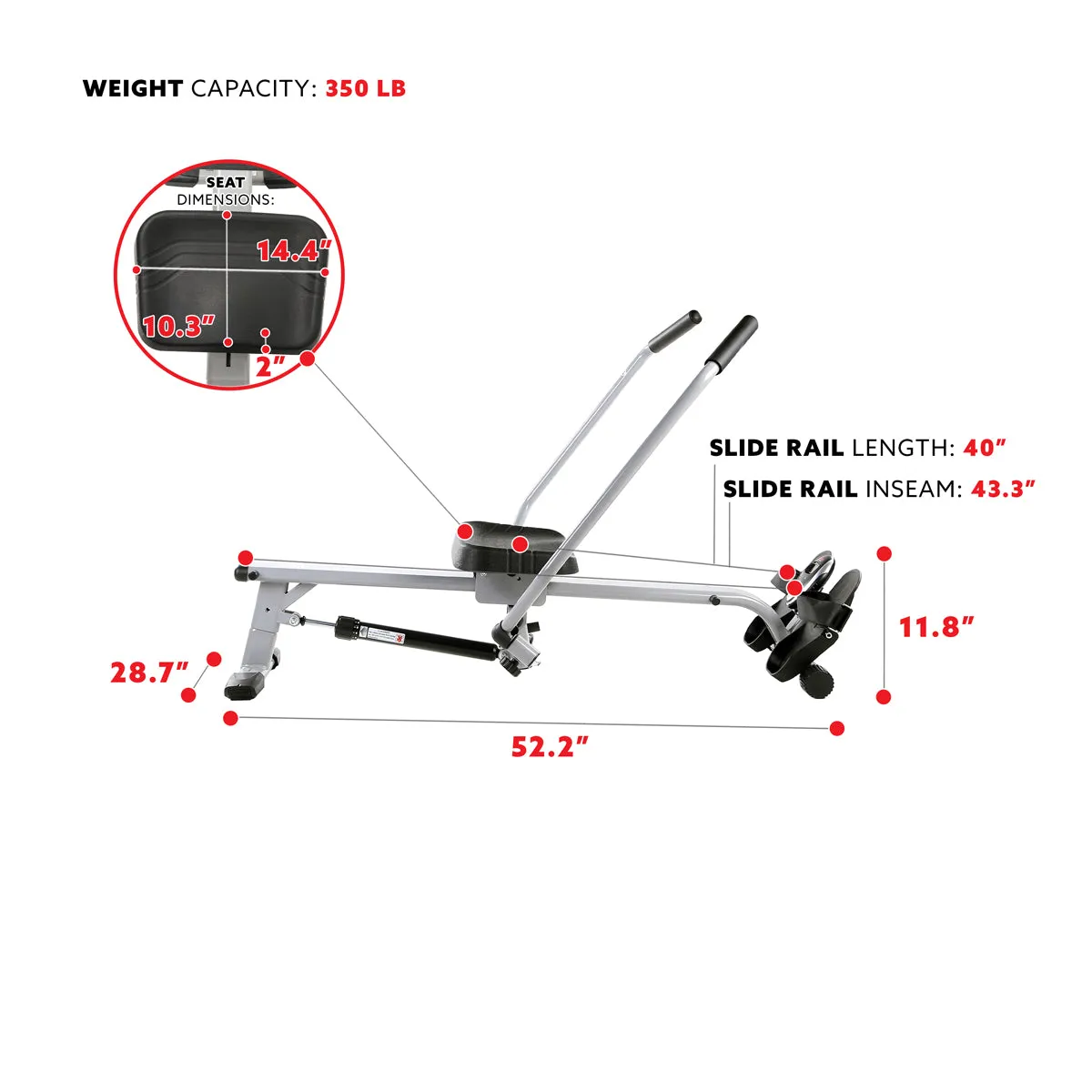 Full Motion Rowing Machine Rower w/ 350 lb High Weight Capacity and LCD Monitor