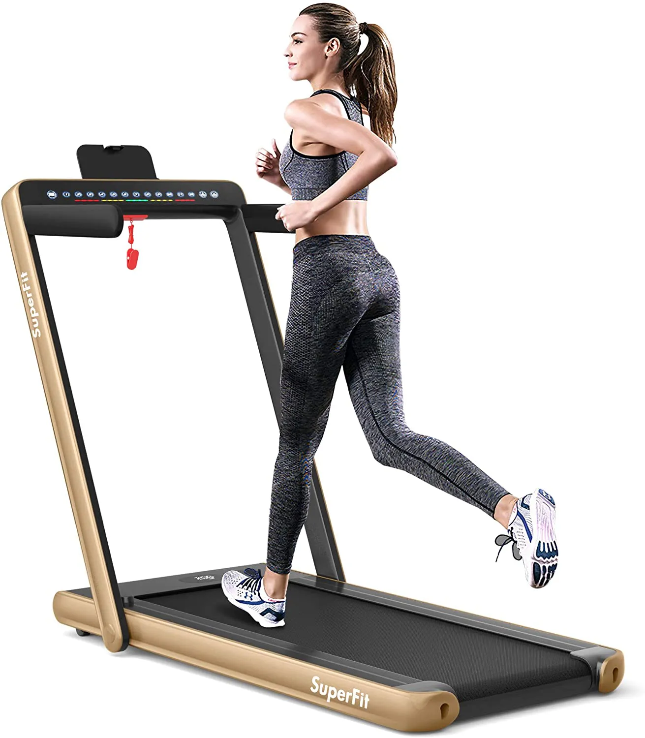 Goplus 2 in 1 Folding Treadmill with Dual Display, 2.25HP Under Desk Electric Pad Treadmill, Installation-Free, Bluetooth Speaker, Remote Control, Walking Jogging Machine for Home/Office Use