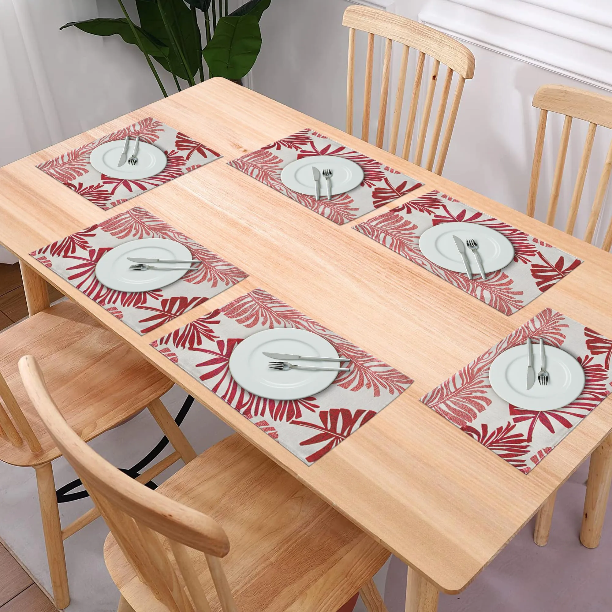 Kuber Industries 30 Pcs Dining Table Mats | Cloth Placemats for Food Plates & Hot Pots | for Home & Restaurants | Leaf Design -White & Red