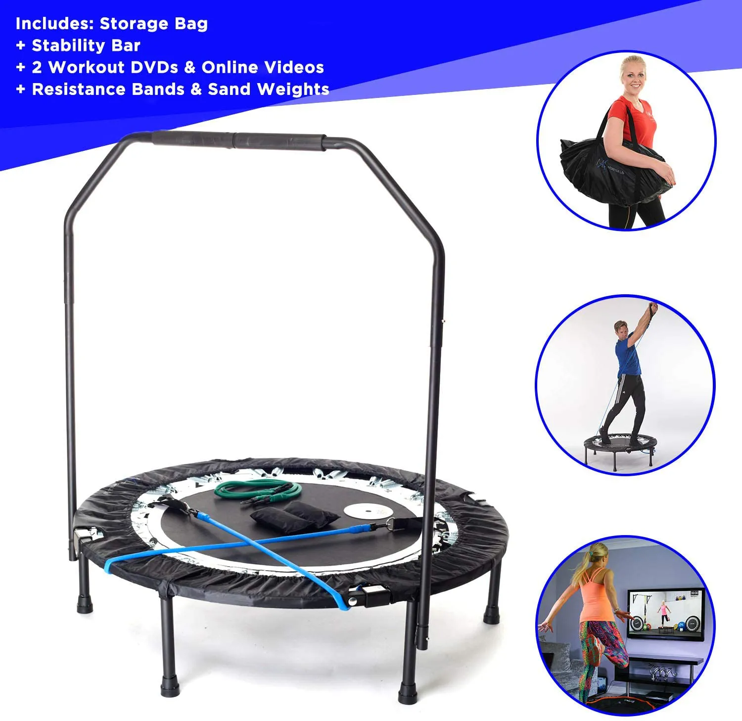 MaXimus PRO Folding Rebounder USA | Voted #1 Indoor Exercise Mini Trampoline For Adults With Bar | Best Home Gym for Fitness & Lose Weight| FREE Storage Bag, Resistance Bands, ONLINE & DVD Workouts | Already Assembled