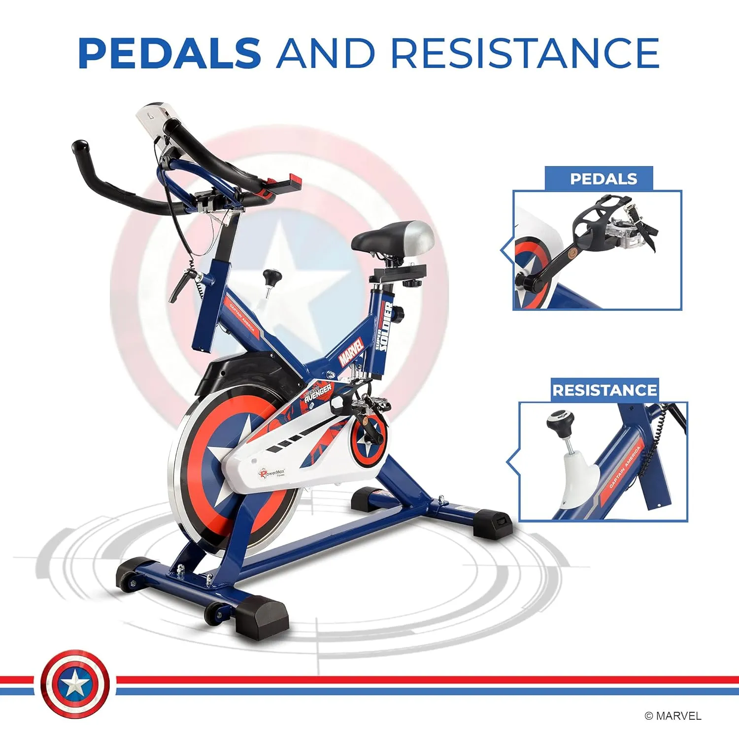 MB-165 Captain America Edition Exercise Spin Bike With 13KG Flywheel | iPad & Bottle holder | Adjustable handle with Handgrips and Heart Rate Sensors For Home Workout | blue