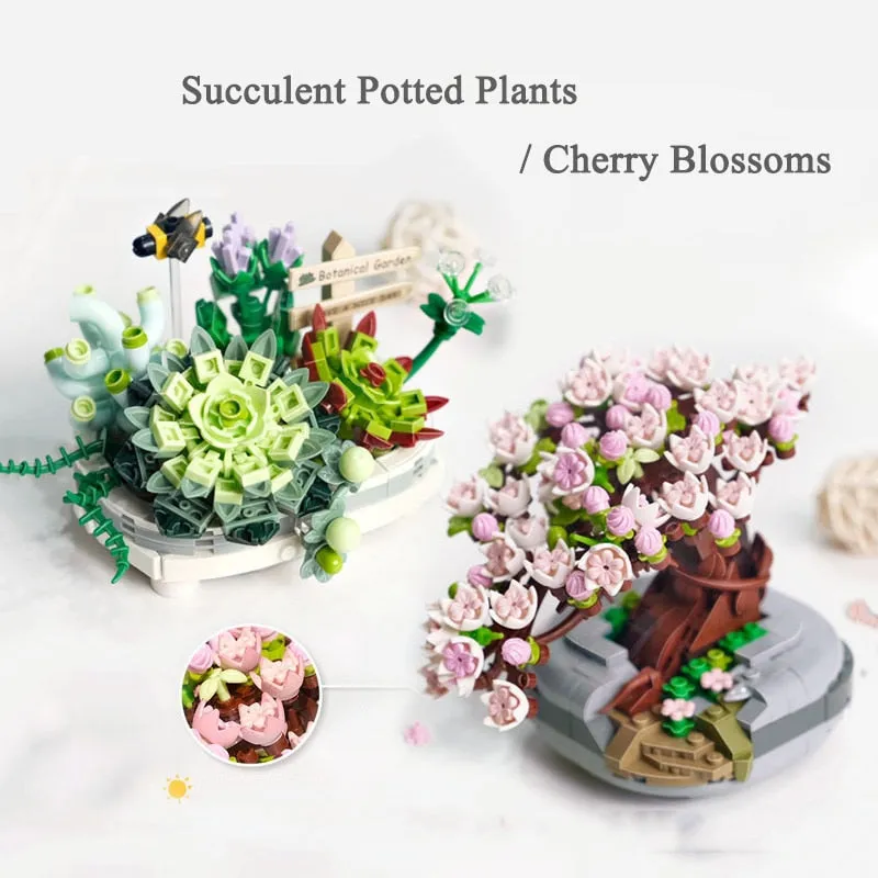 New Bouquet Potted Building Blocks Plant Cherry Tree Succulent Potted DIY Assembled Model Building Blocks Children's Toy Gift