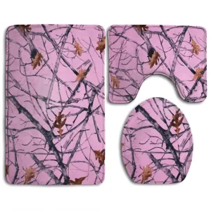 PINK CAMO Bathroom Carpet Rug,Non-Slip 3 Piece Bathroom Mat Set