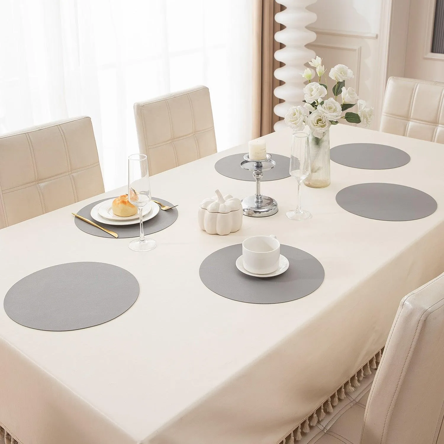 Premium Faux Leather Dining Table Round Mats, Moon Grey