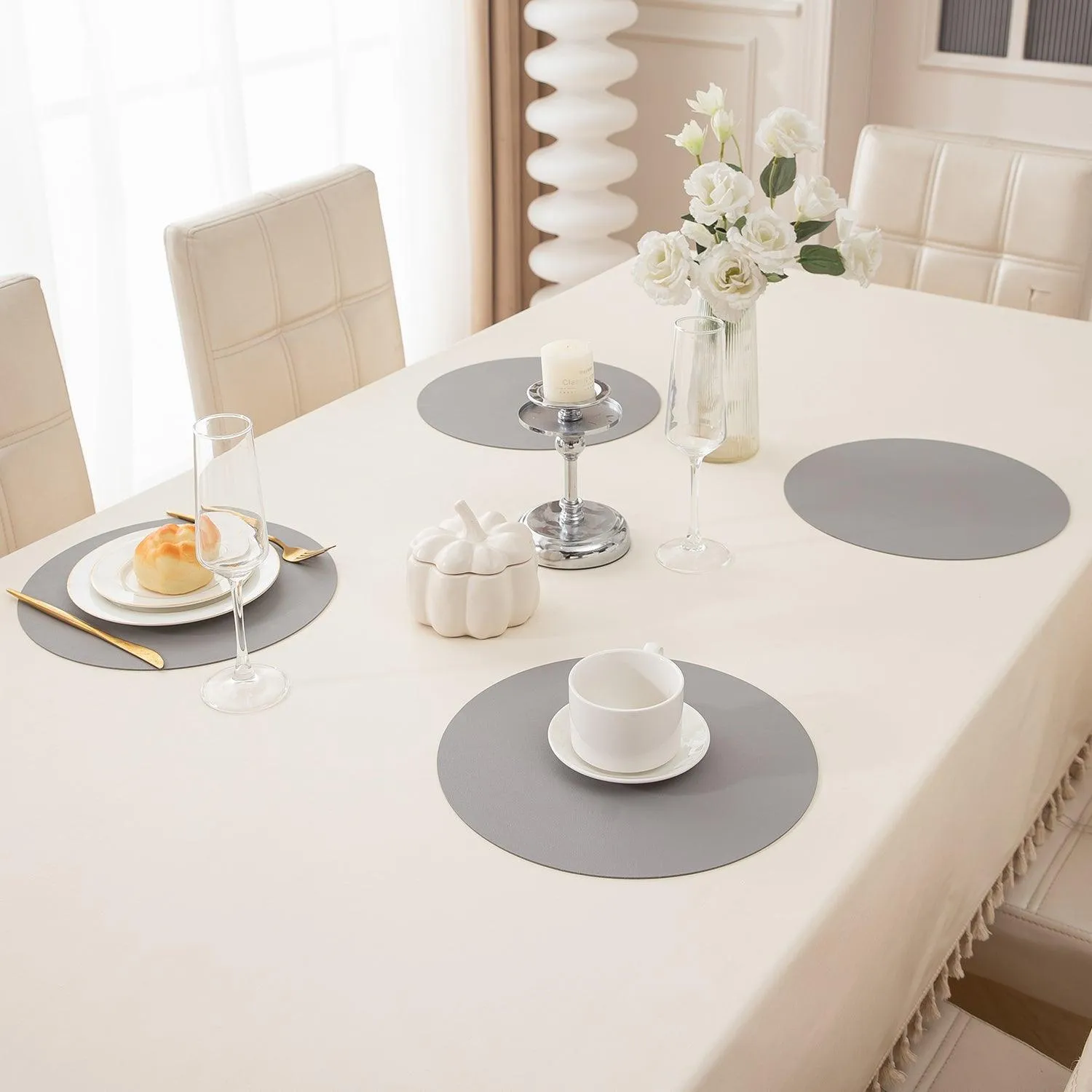 Premium Faux Leather Dining Table Round Mats, Moon Grey