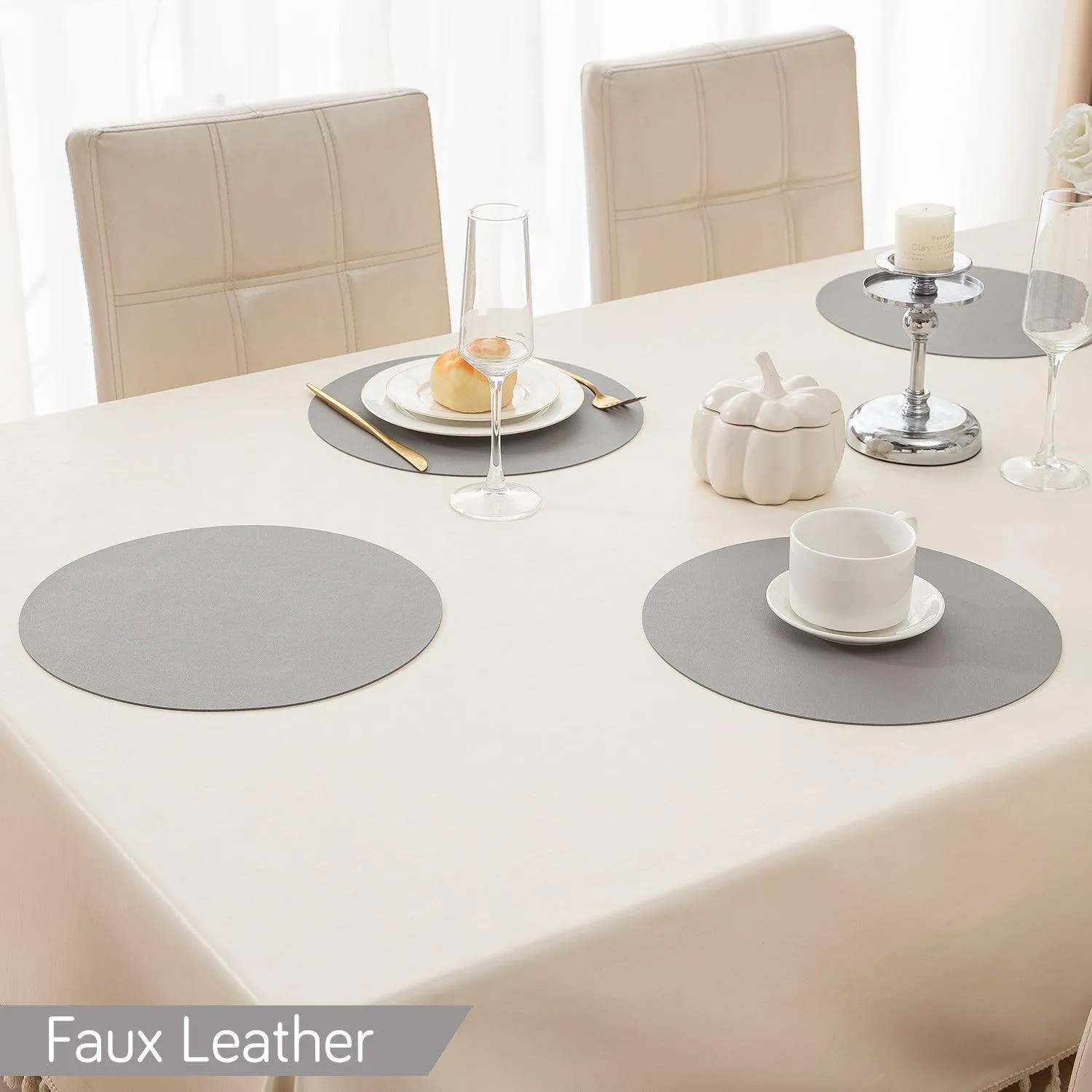 Premium Faux Leather Dining Table Round Mats, Moon Grey