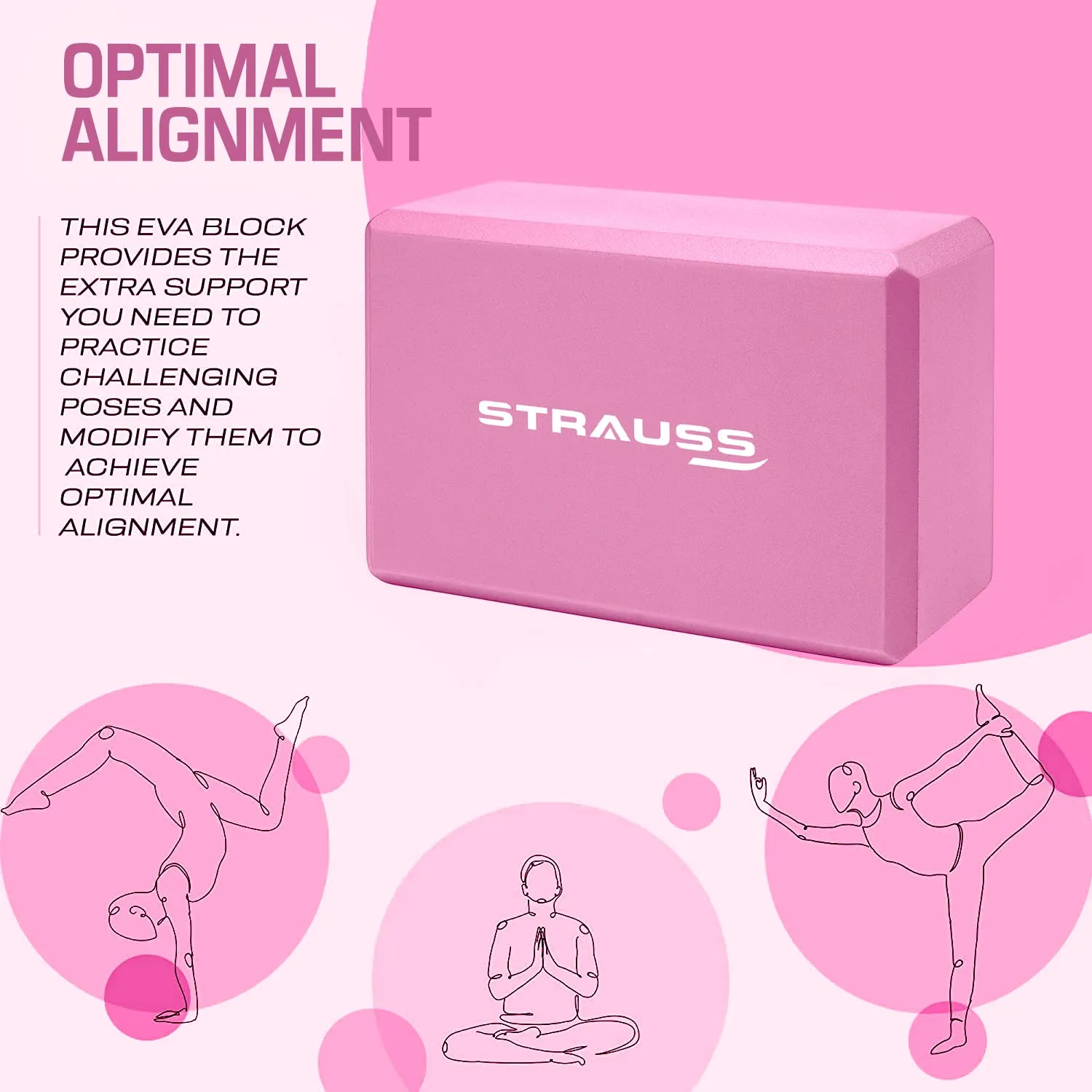 Strauss High Density EVA Foam Yoga Block | Non-Slip Workout Brick For Improving Poses, Balances Flexibility & Support Strength Training Exercises | Yoga Brick To Support and Deepen Yoga Poses,(Pink)