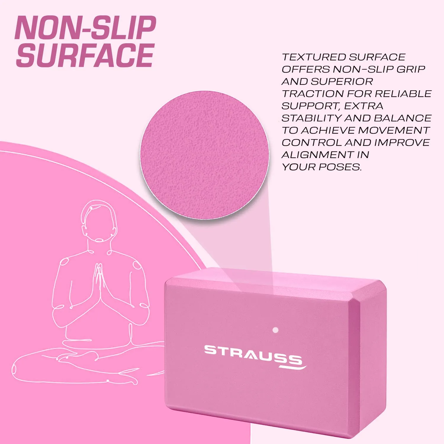 Strauss High Density EVA Foam Yoga Block | Non-Slip Workout Brick For Improving Poses, Balances Flexibility & Support Strength Training Exercises | Yoga Brick To Support and Deepen Yoga Poses,(Pink)