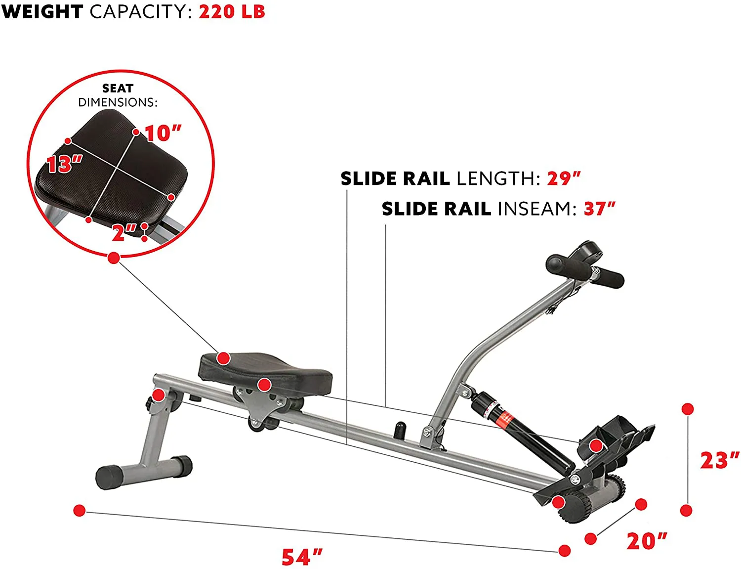 Sunny Health & Fitness SF-RW1205 Rowing Machine Rower with 12 Level Adjustable Resistance, Digital Monitor and 220 LB Max Weight