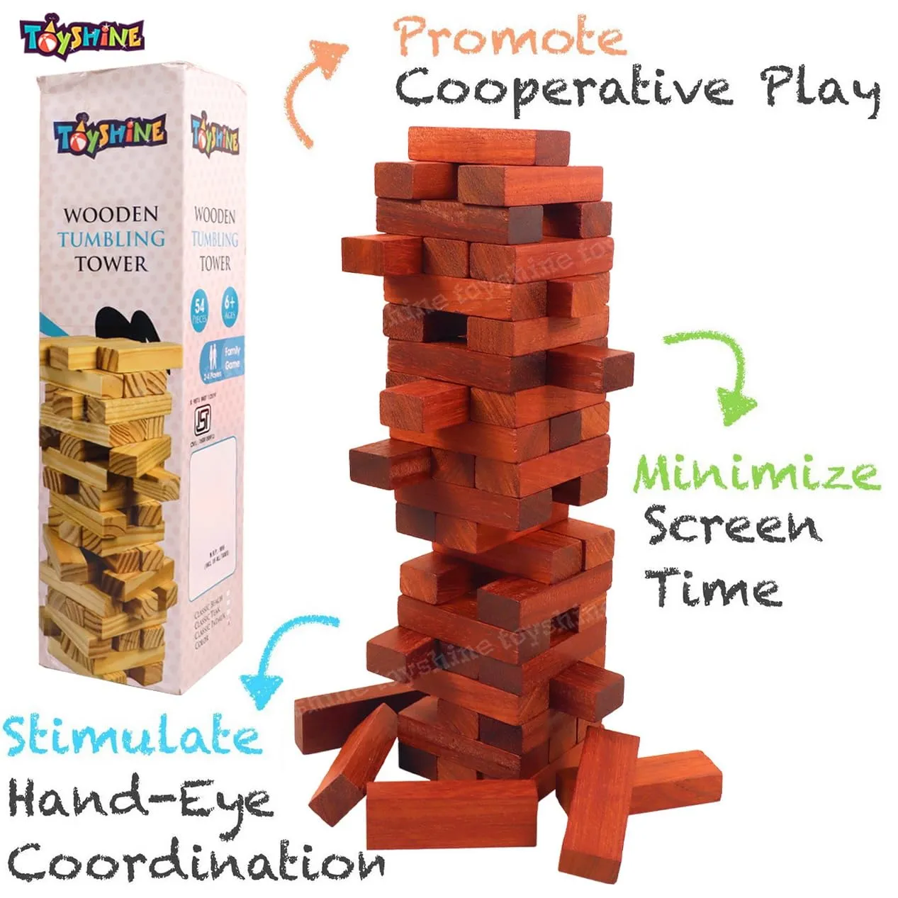 Toyshine Wooden Tower 54 Pcs Wooden Building Block, Stacking Game, Tumbling Tower Game for Kids Adult Boys Girls- Classic Padauk