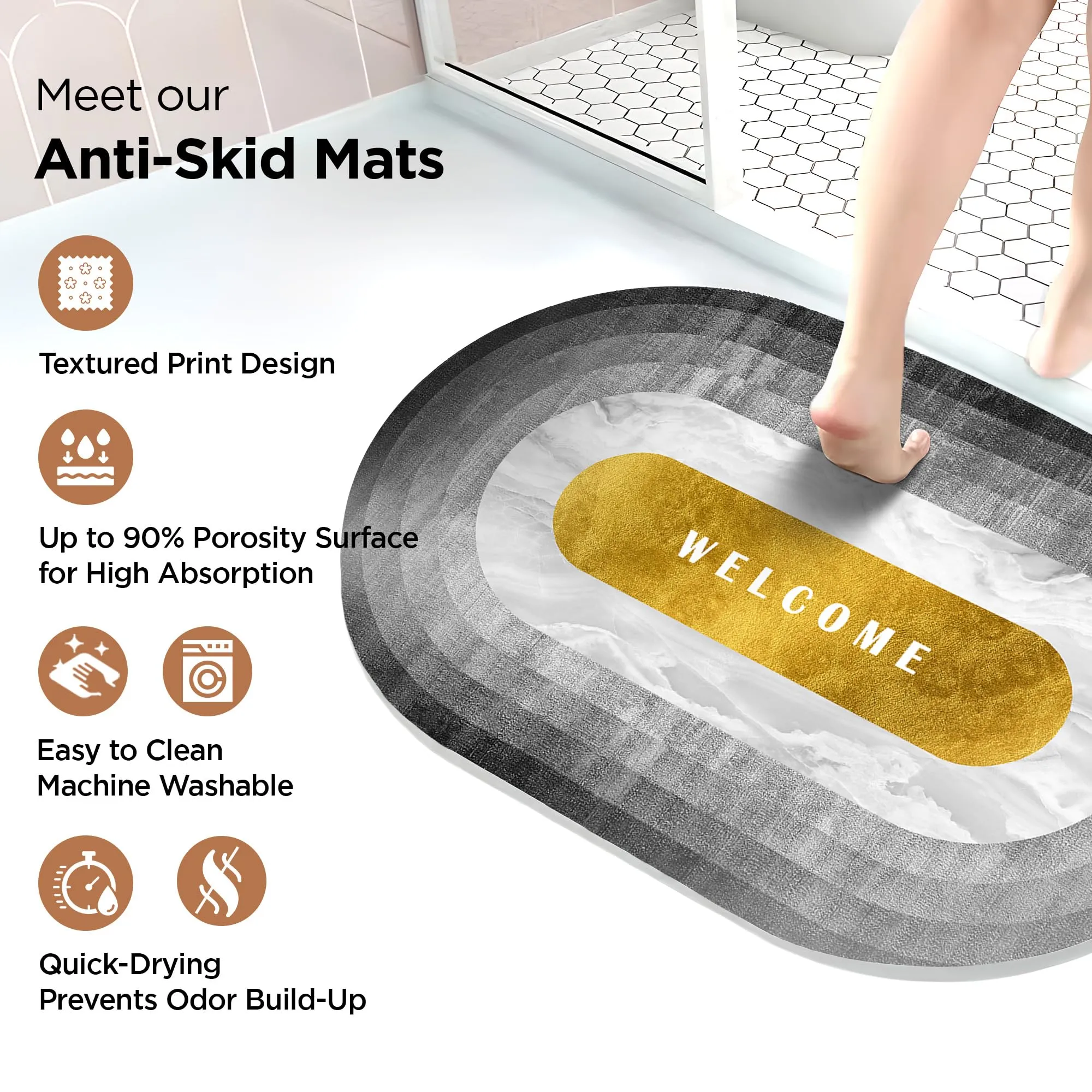 UMAI Polyester Rubber Bathroom Mat (40 * 60cm) Bath Mat | Anti Skid Mat for Bathroom Floor | Bathroom Accessories | Bathroom Mats Water Soak | Non Slip Mat for Bathroom | Floor Mat- Gradient