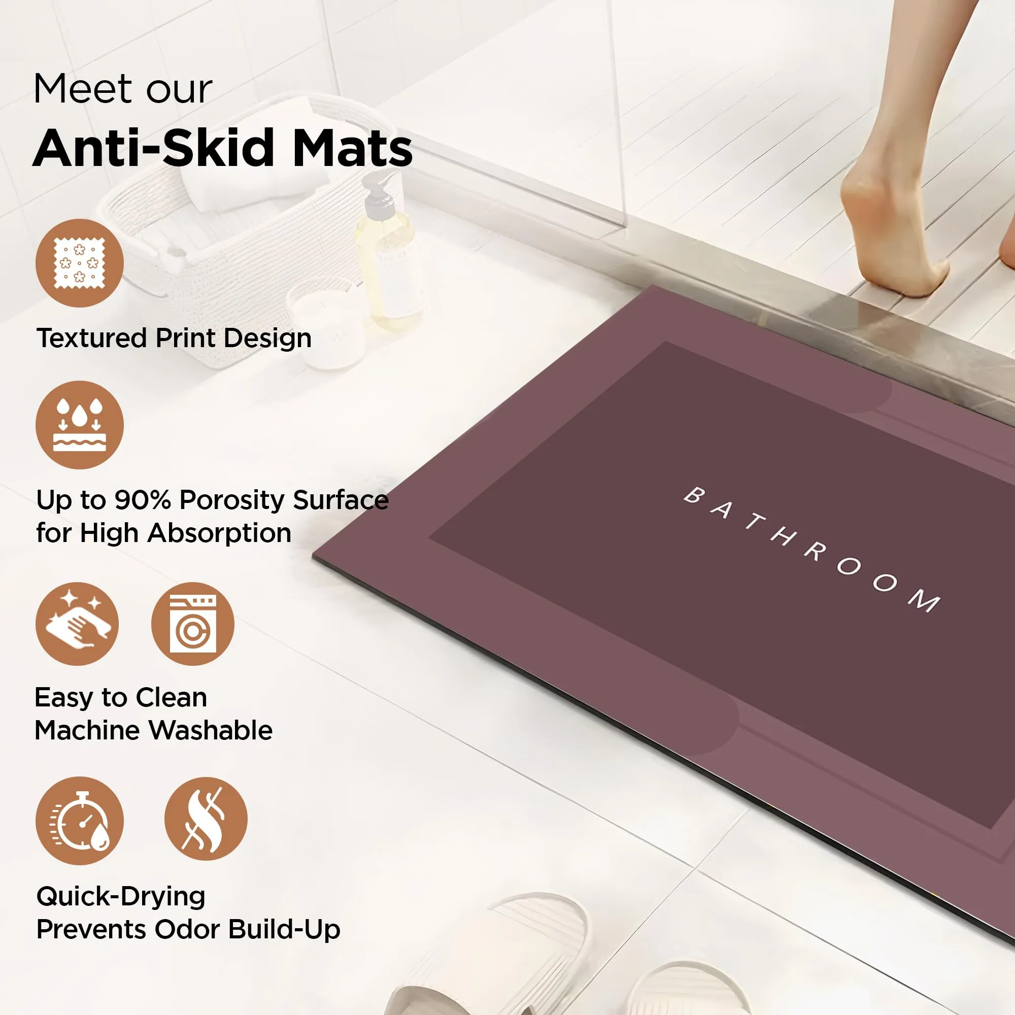 UMAI Polyester Rubber Bathroom Mat (40 * 60cm) Bath Mat | Anti Skid Mat for Bathroom Floor | Bathroom Accessories | Bathroom Mats Water Soak | Non Slip Mat for Bathroom | Floor Mat-Maroon