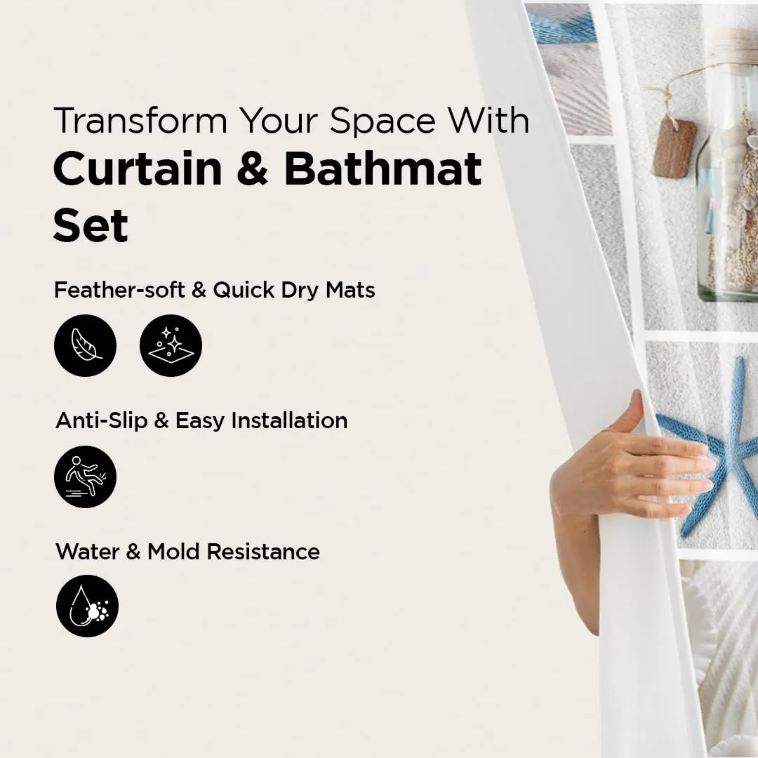 UMAI Shower Curtain (180X180 cm) & Bathmat 3 Pcs Set|6ft|Creative Vibrant Coloured Polyster Curtain Sets with Non-Slip Bath mats for Bathroom|Easy-Slide Curtains (Nautical Blue)