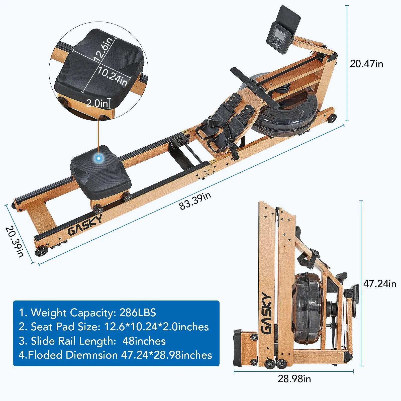 Premium Oak Wooden Water Rowing Machine for Home Use with Advanced LCD Monitor – Ideal for Full-Body Workout