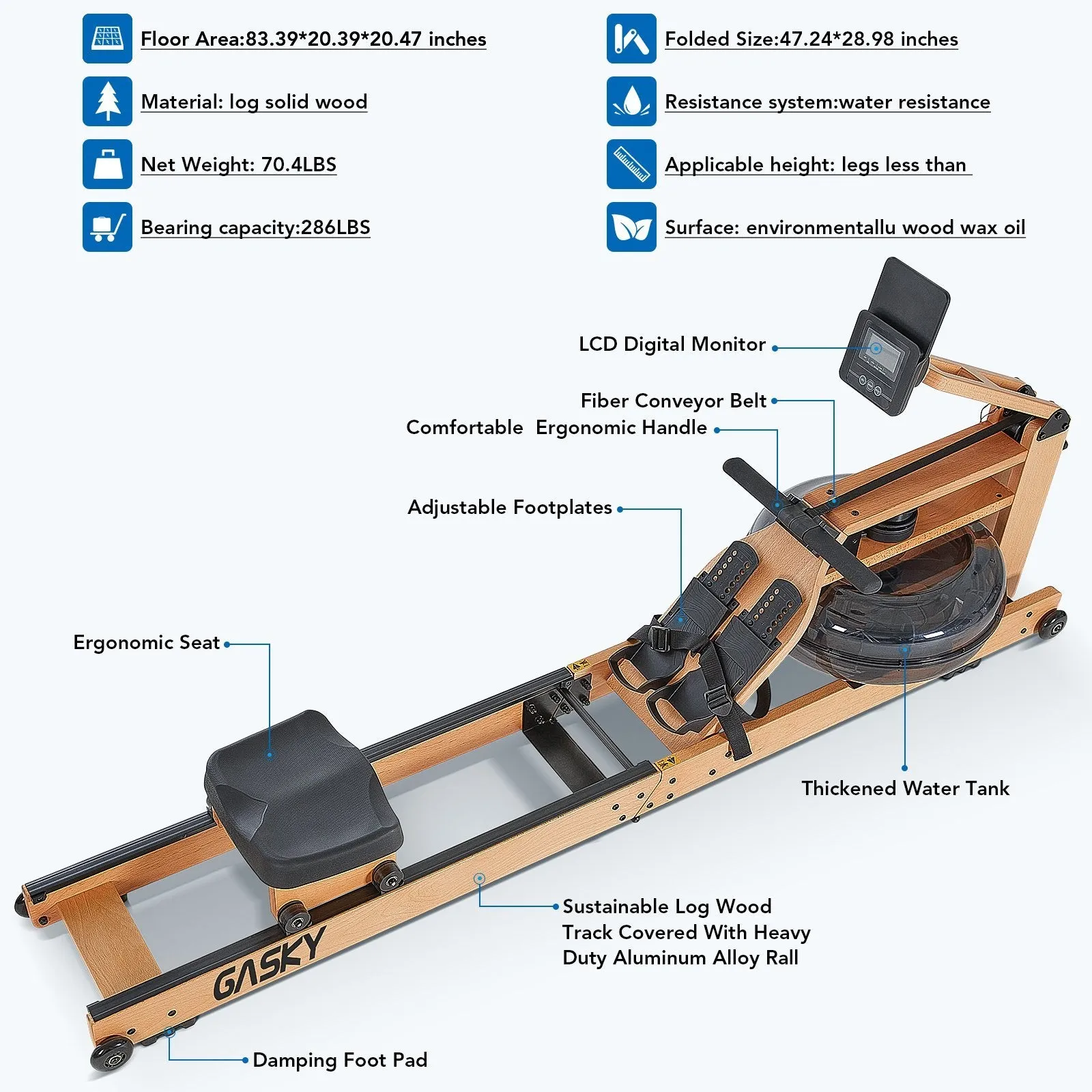 Premium Oak Wooden Water Rowing Machine for Home Use with Advanced LCD Monitor – Ideal for Full-Body Workout