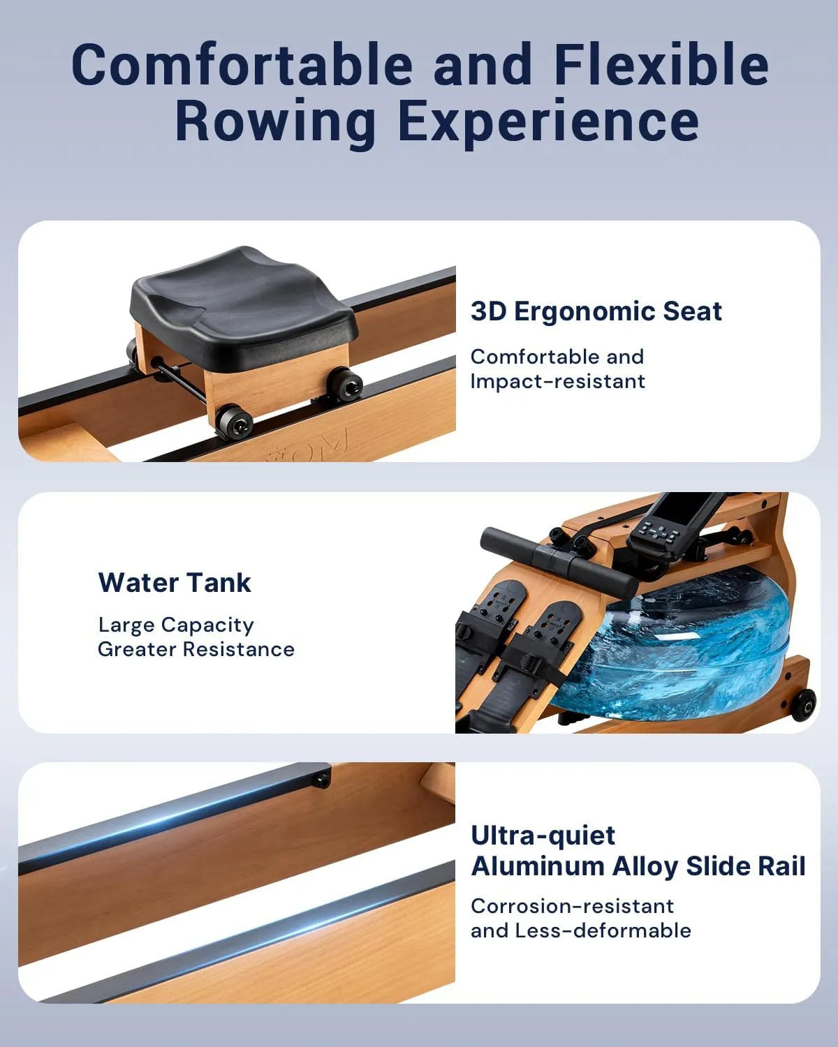 Water Rowing Machine with TM-3 Performance Monitor, 400 lbs Max Load