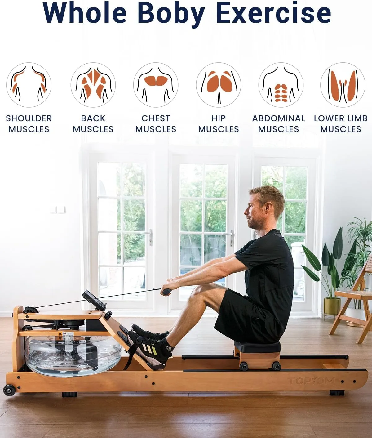 Water Rowing Machine with TM-3 Performance Monitor, 400 lbs Max Load