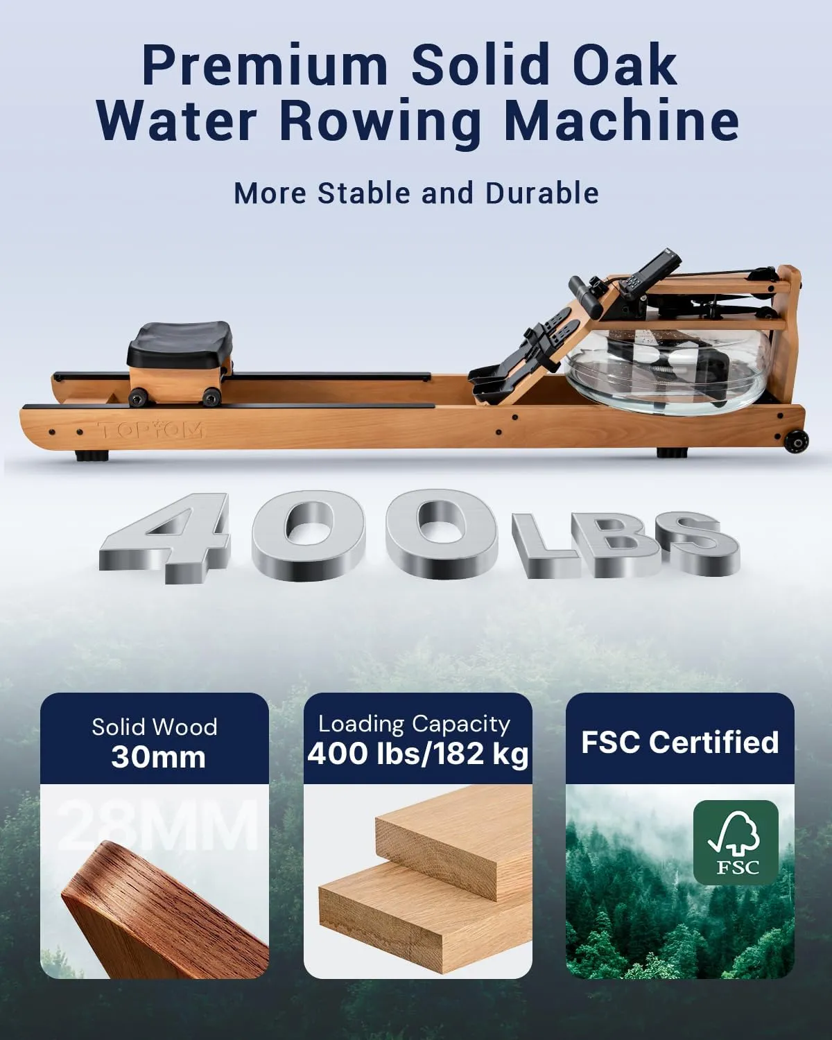 Water Rowing Machine with TM-3 Performance Monitor, 400 lbs Max Load